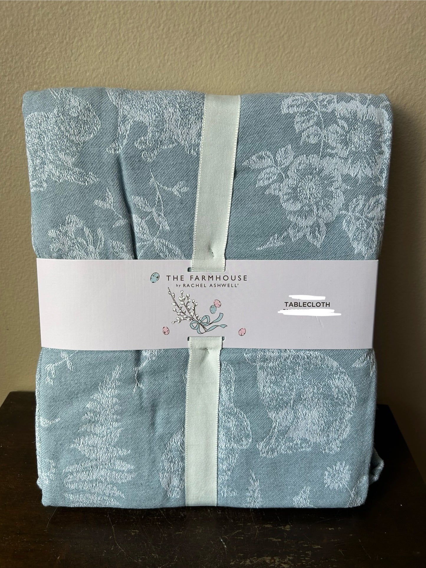 Rachel Ashwell Tablecloth New Easter Blue Bunny Floral Jacquard Cotton
