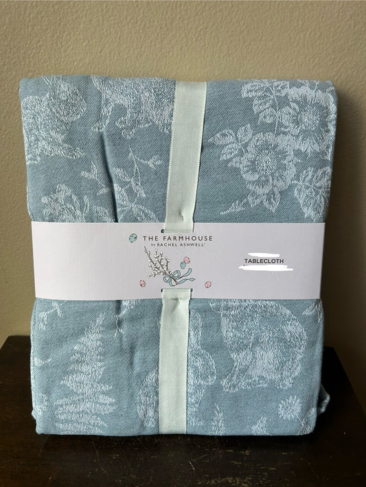 Rachel Ashwell Tablecloth New Easter Blue Bunny Floral Jacquard Cotton