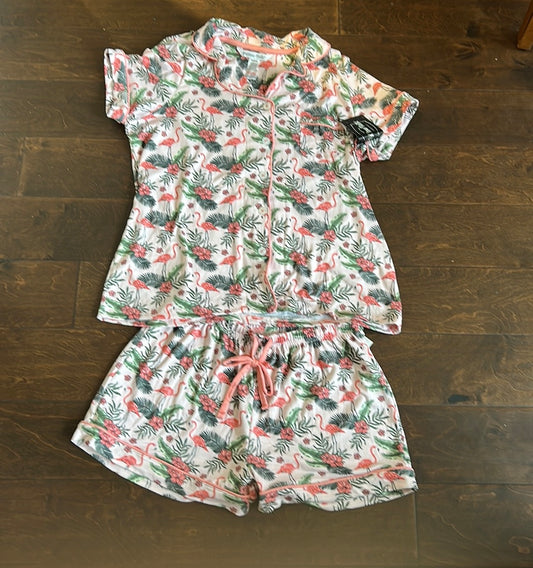 Pillow Talk 2 Pc Pajama Set New Flamingoes Tropical Palm Fronds New