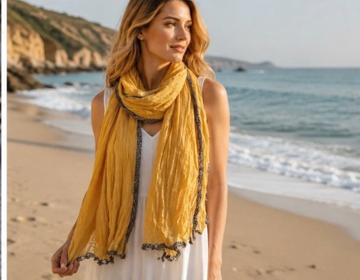 New York & Company Womens Mustard Yellow Scarf  Animal Print Edge New 5000-3102
