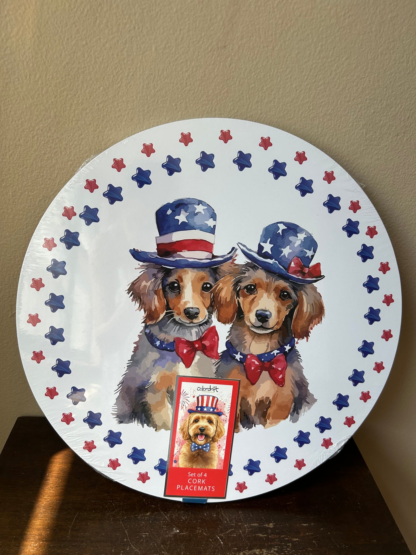 Colordrift Set of 4 Cork Placemats Americana Dogs Stars Stripes July 4th New
