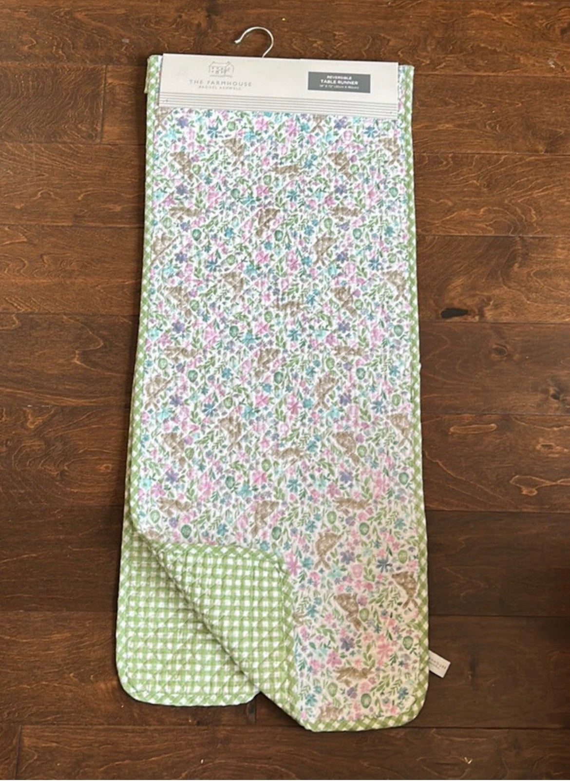 Rachel Ashwell Easter Table Runner Reversible Plaid  14”x72” Bunny Rabbit Floral