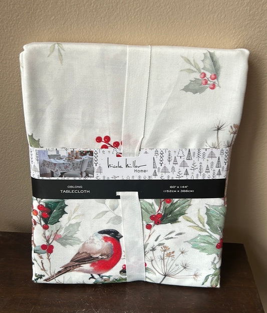 Nicole Miller Tablecloth Christmas Bird Holly Berry 60”x144” New