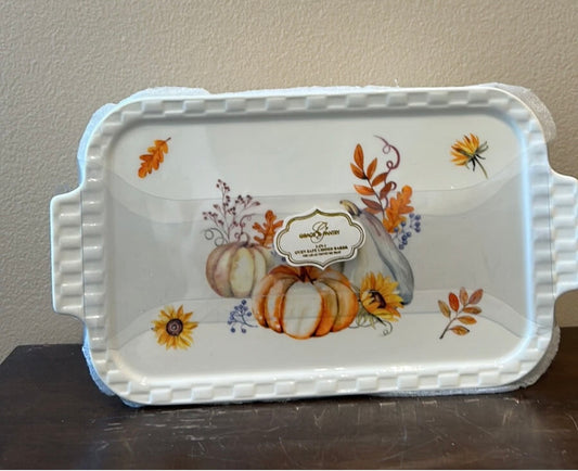 Grace Pantry Pumpkins Rectangular Porcelain Casserole Baking Dish & Lid New