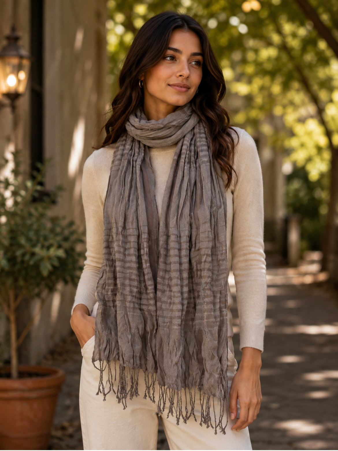 New York & Company Women’s Taupe  Striped Scarf Fringed New 5000-3102