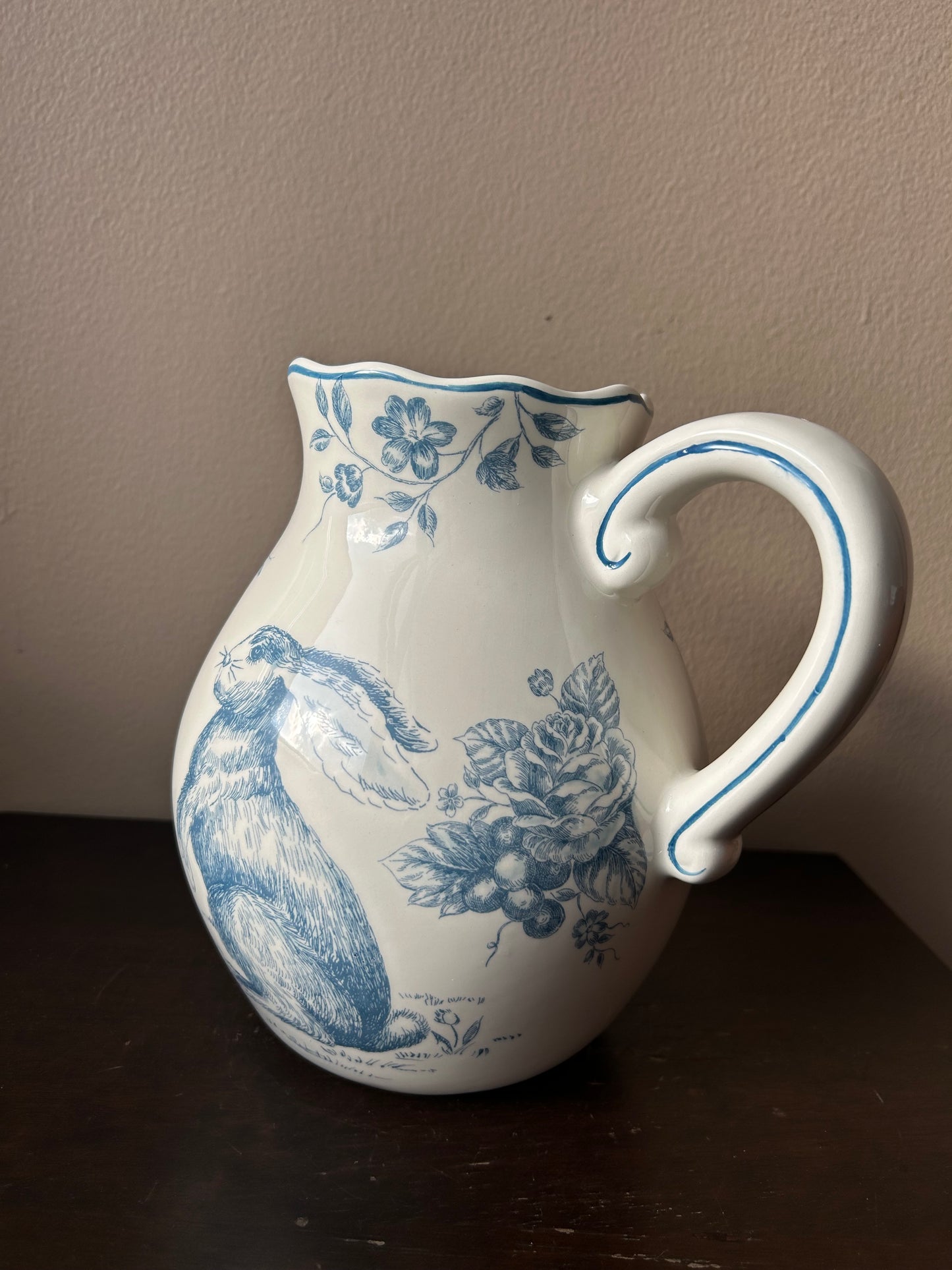 New Pitcher Vase Easter Spring Floral Blue Bunny Rabbit Ceramic New 8” Tall