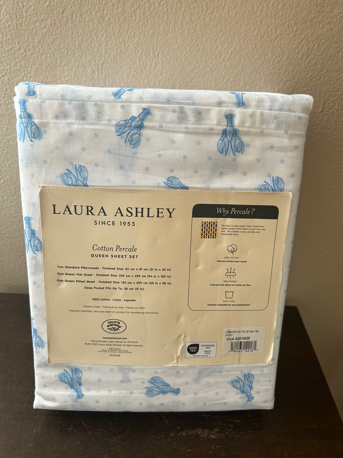 Laura Ashley Queen Sheet Set Cotton Percale New Lobster Print  Blue White