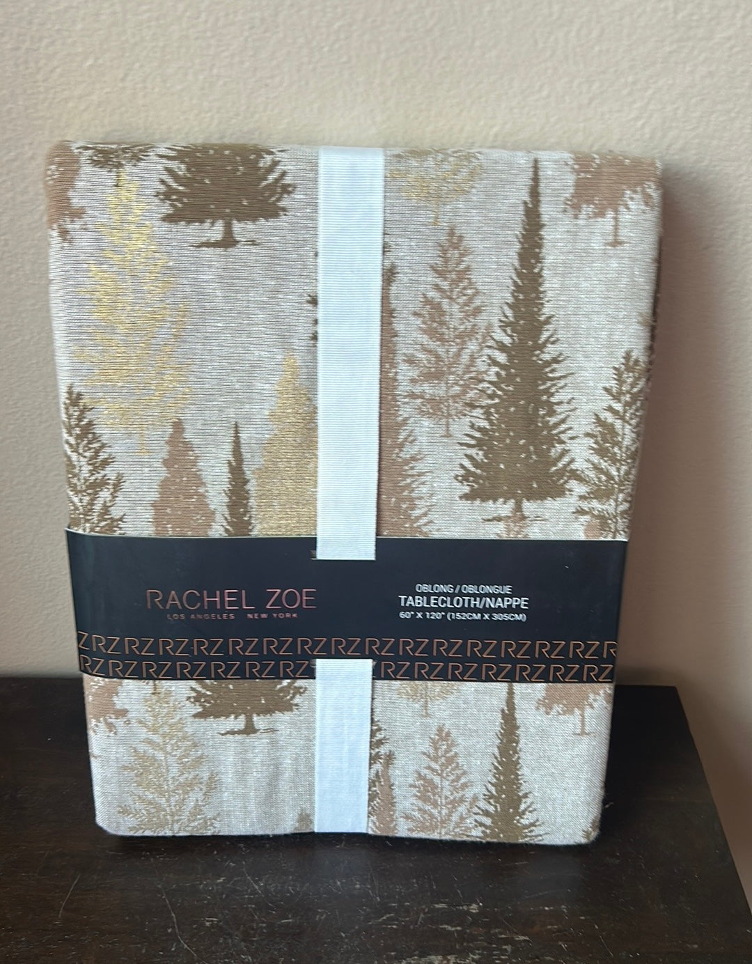 Rachel Zoe Christmas Tablecloth 60”x120” Evergreen Trees Beige Gold