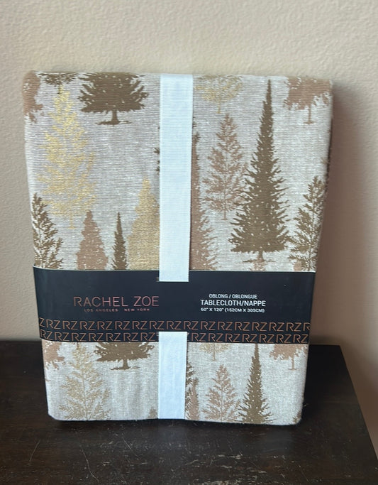 Rachel Zoe Christmas Tablecloth 60”x120” Evergreen Trees Beige Gold