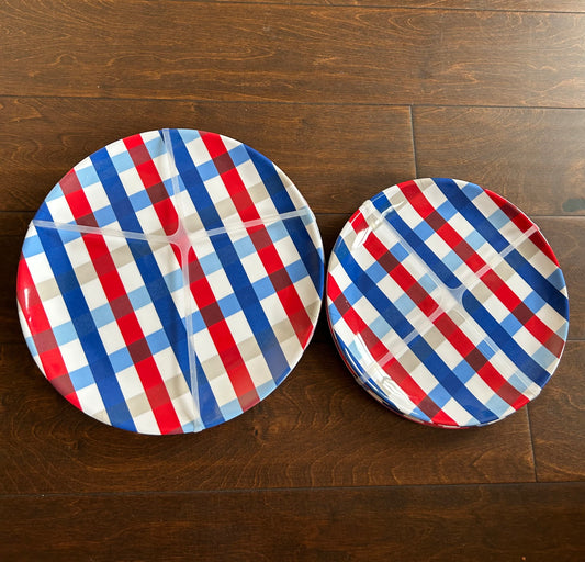 New Plaid American Dinnerware Set 8 Pc Melamine Red White Blue July 4th