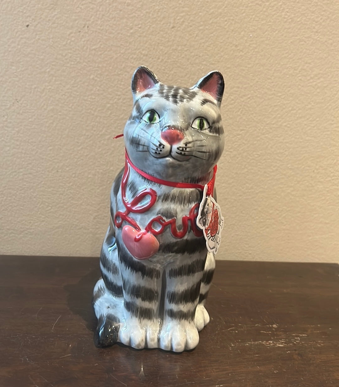 Blue Sky Clayworks Valentine LOVE CAT Black Gray Tabby Stripe 8.5” NWT