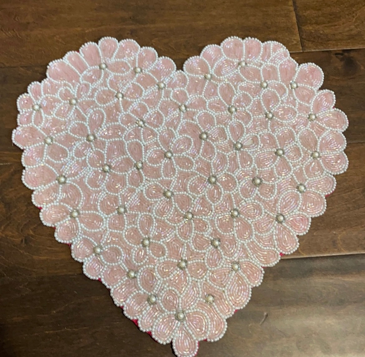 Cupcakes & cashmere Beaded Heart Placemat Floral Valentine Pink White Pearl 15"