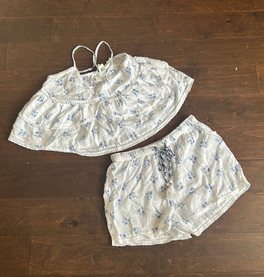 Joie Womens Blue White Embroidered Pajama Set Shorts Top New Lace Cotton Sz L