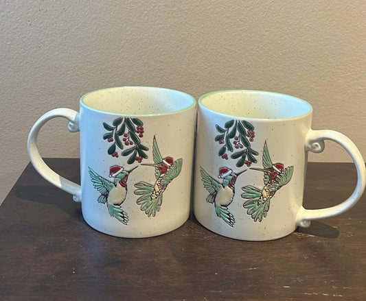 Eli & Ana Christmas Holly Hummingbird Santa Hat Mugs Set of 2 New