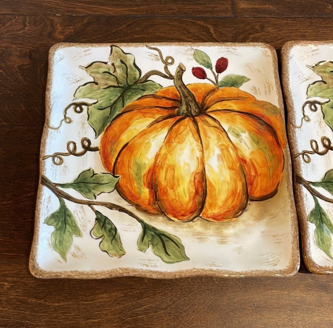 Maxcera Pumpkin Fall Leaves 6 Salad Plates Ceramic Square