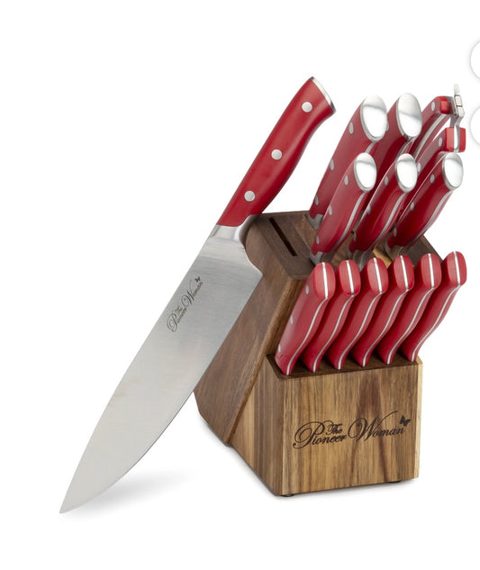 The Pioneer Woman Frontier 14 Pc Forged Cutlery Knife Block Red Ivory NEW