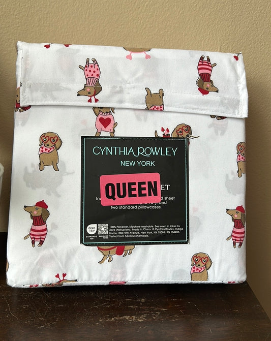 Cynthia Rowley Queen Sheet Set Valentines Dogs New