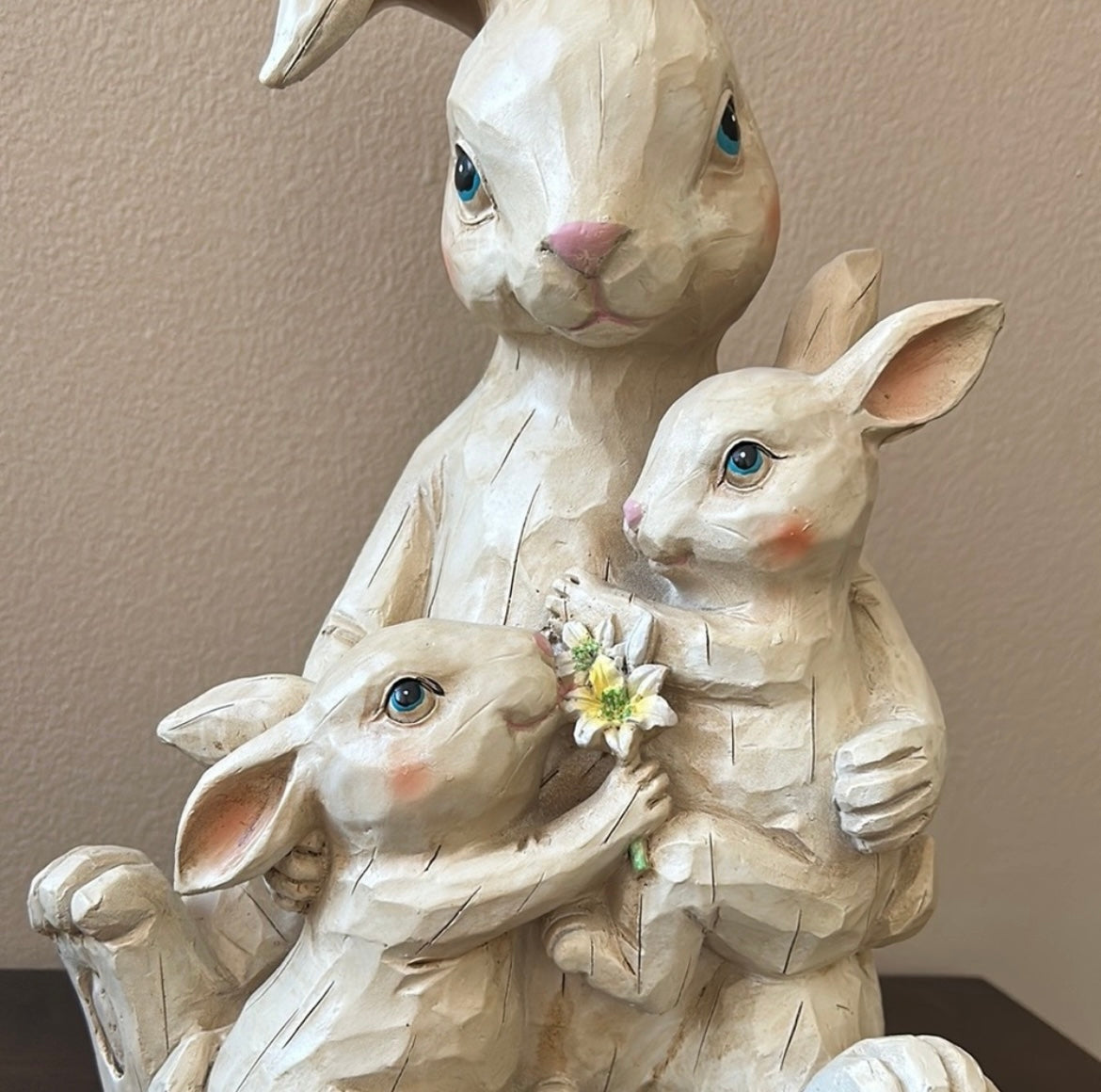 Bunny Rabbit With Baby bunnies Easter Beige Figurine Rustic New
