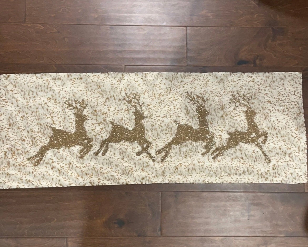 Tahari Christmas Beaded Table Runner Tahari 36 "  long New Gold Reindeer
