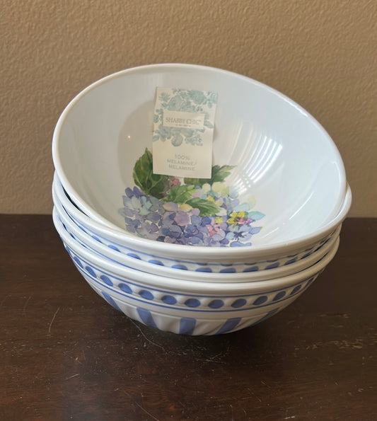 SHABBY CHIC HYDRANGEAS set Of 4 Salad Bowls blue purple White Floral