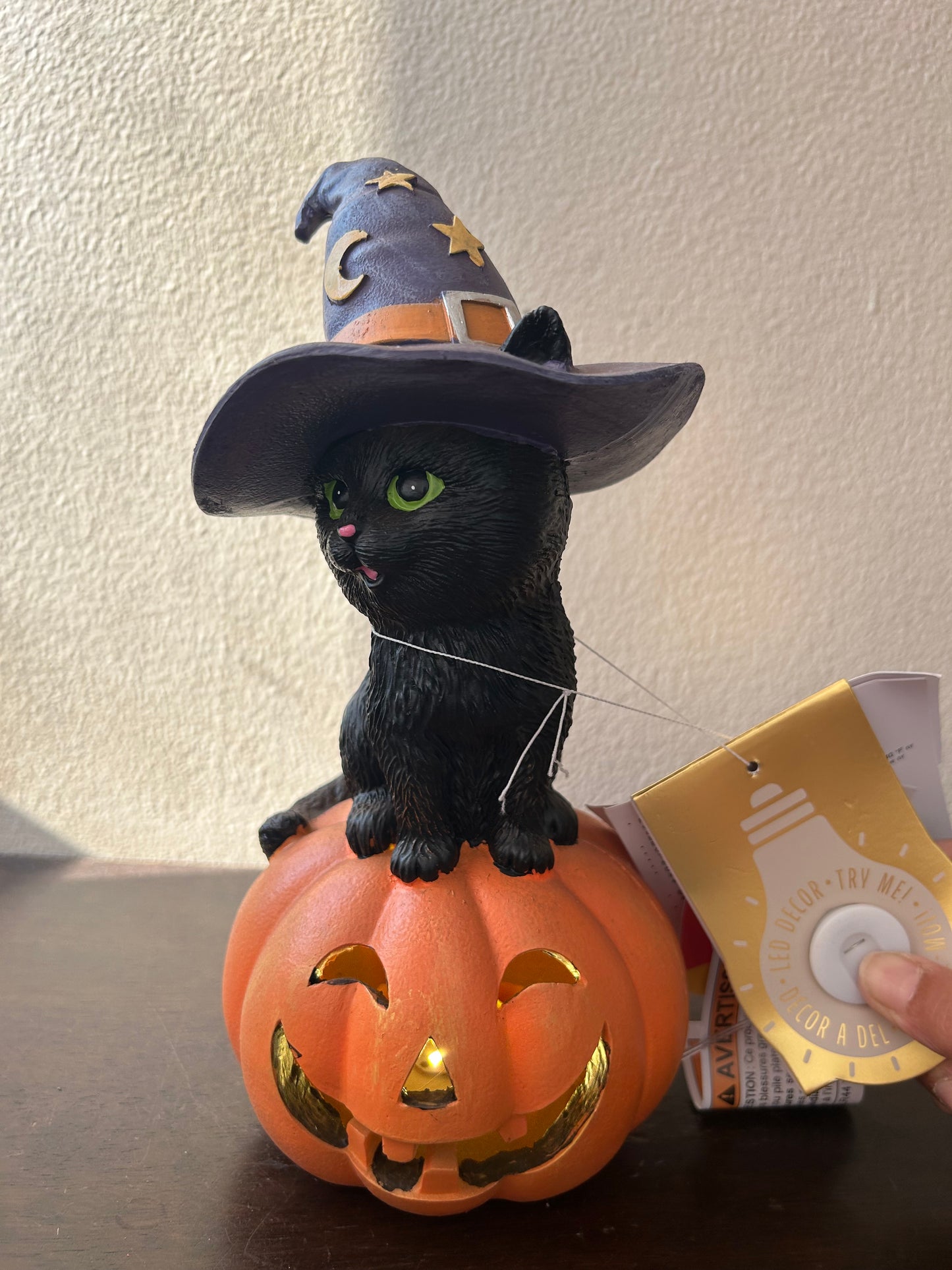 New Halloween LED Light Up Witch Cat On Pumpkin Figurine kitty black new 10”