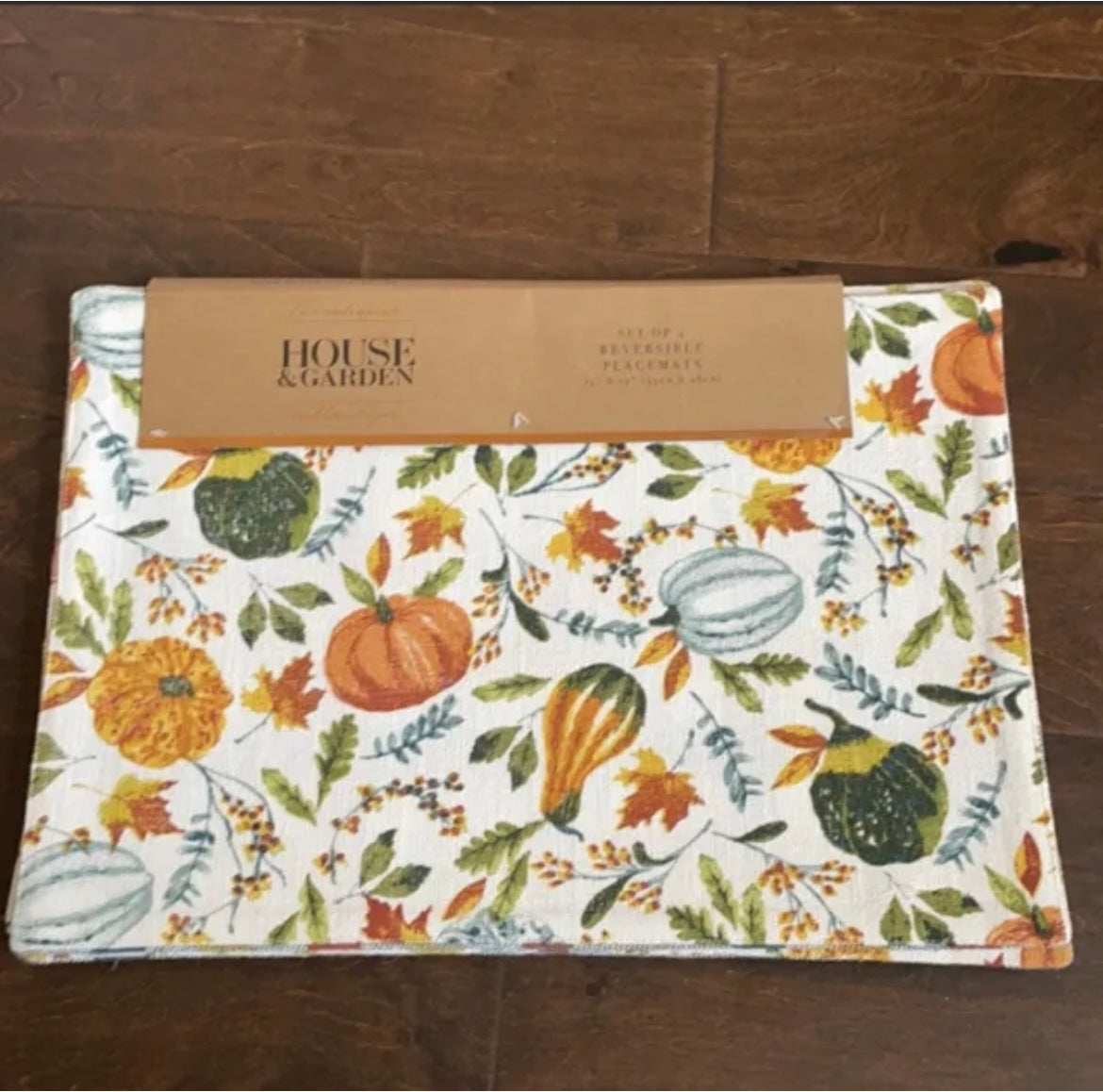 House & Garden Colorful Pumpkin Print Placemats set of 4 Plaid Reversible