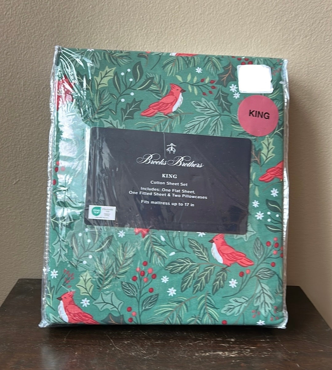 New Brooks Brothers King Sheet Set Christmas Red Cardinal Cotton