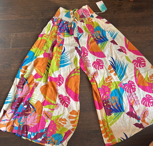 True Destinations Flare Pants Beach Coverup New Tropical Palm Fronds New