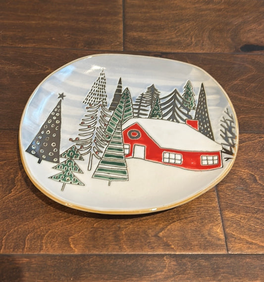 Eli & Ana Trees Christmas Set Of 4 Salad Plates Ceramic Round Red House New