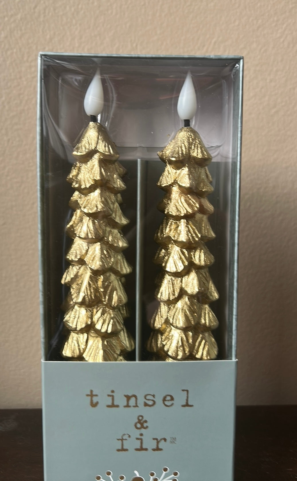 Tinsel & Fir Flameless Taper Candles 2 Pcs LED Christmas Tree Gold with Timer