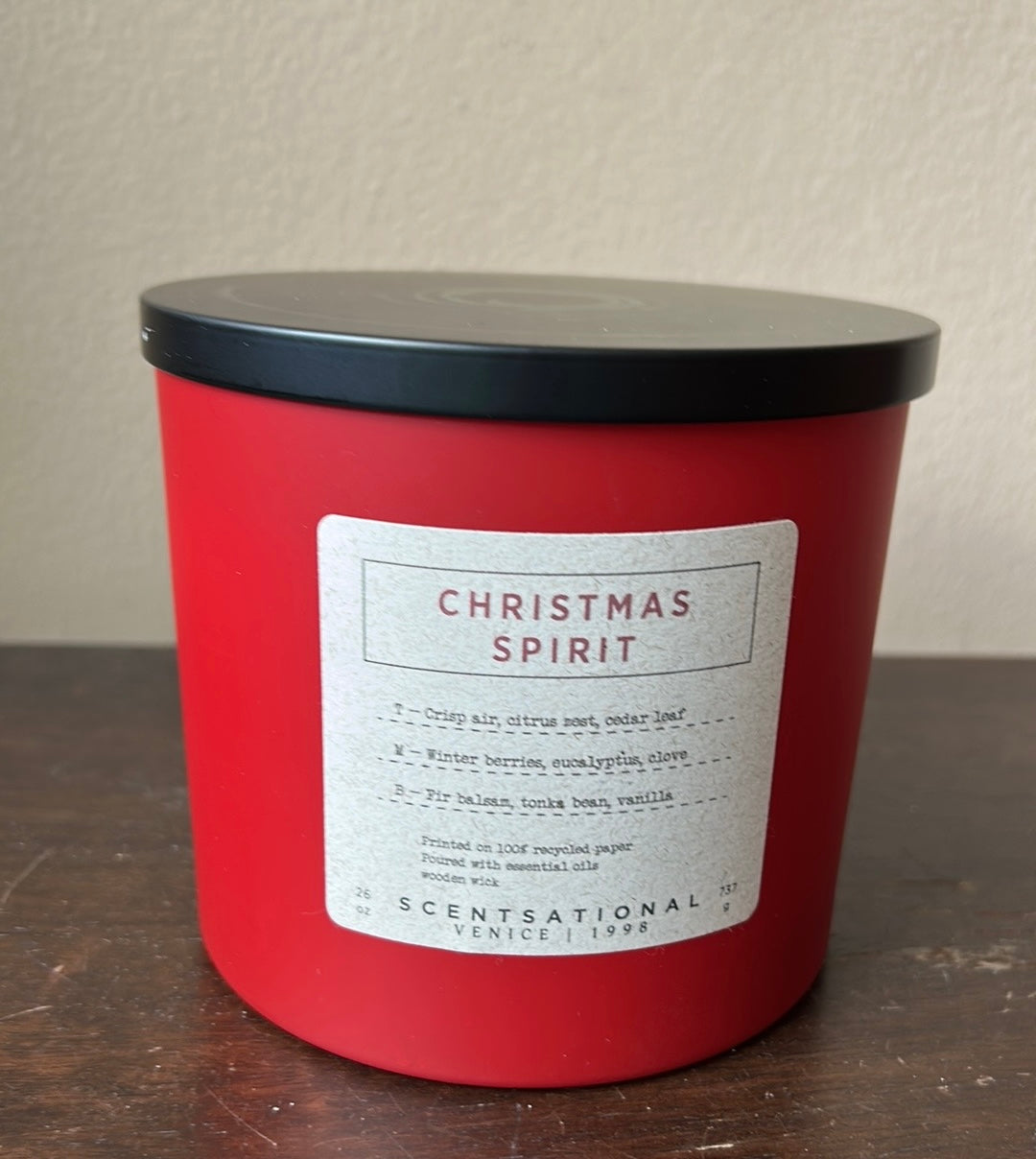 Scentsational Christmas Spirit Candle Woodwick Red Glass Jar 26 Oz