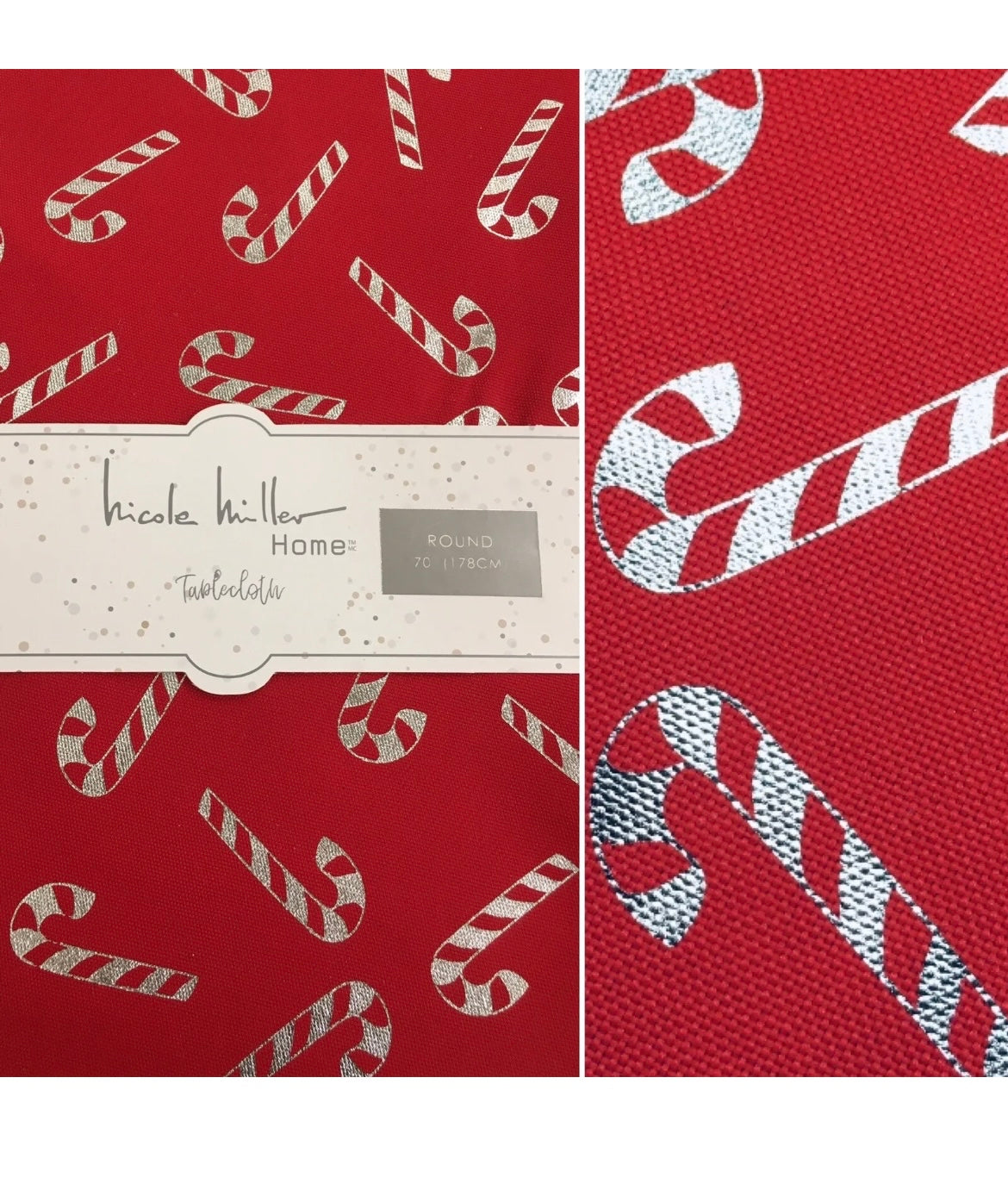 Nicole Miller Christmas Holiday Candy Cane Red Metallic Tablecloth