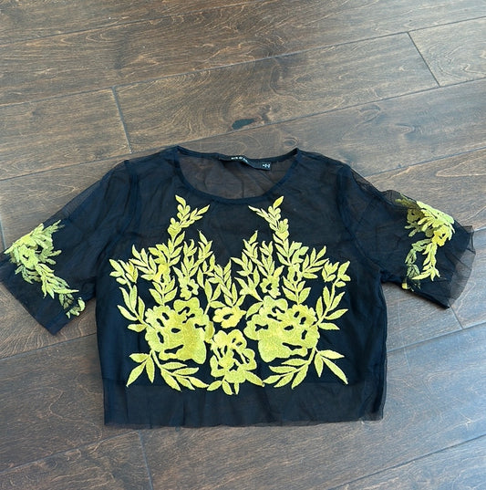 Ark & Co Womens Mesh Blouse New Sz S Black Yellow Cropped Embroidered ST2825
