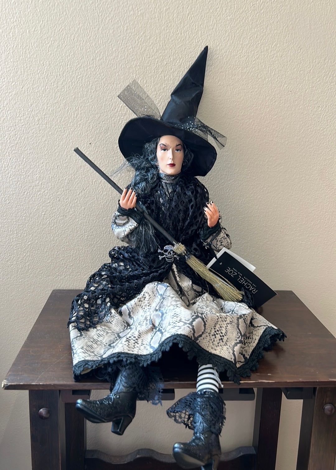 Halloween Witch Doll w/Skull Black Lace Faux Snake Skin Dress 25" Shelf Sitter