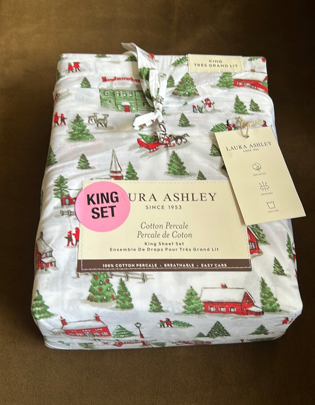 Laura Ashley Cotton Percale Christmas scene Santa Sleigh King sheet set new