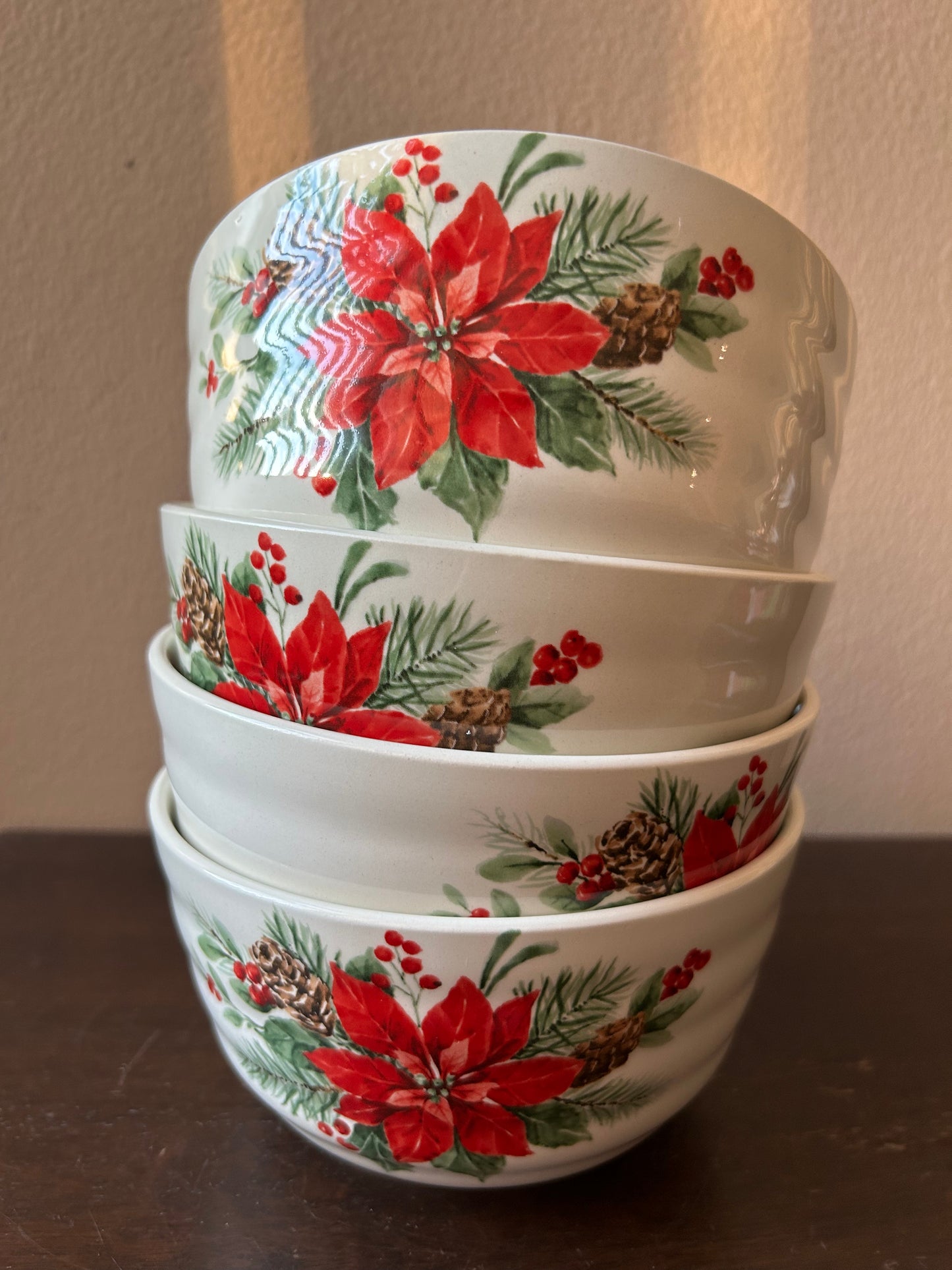 Maxcera 4 Salad Bowls Ceramic Round Scalloped Poinsettia Pine Christmas New