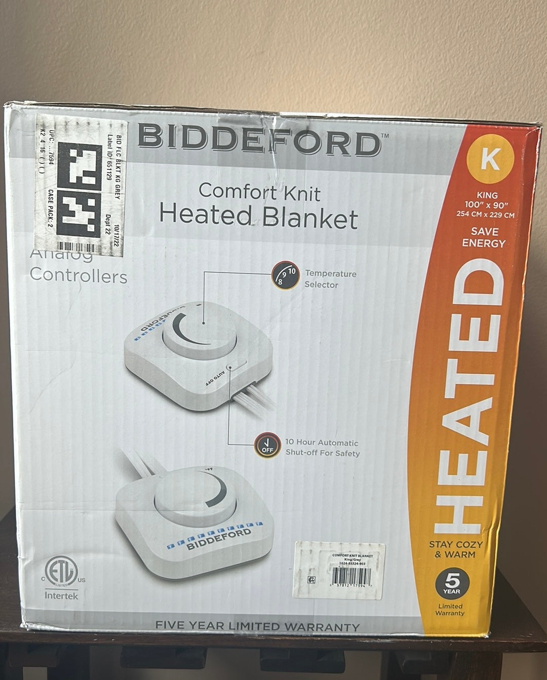Biddeford Heated Blanket Comfort Knit Gray  King New Analog Control 100”x90”