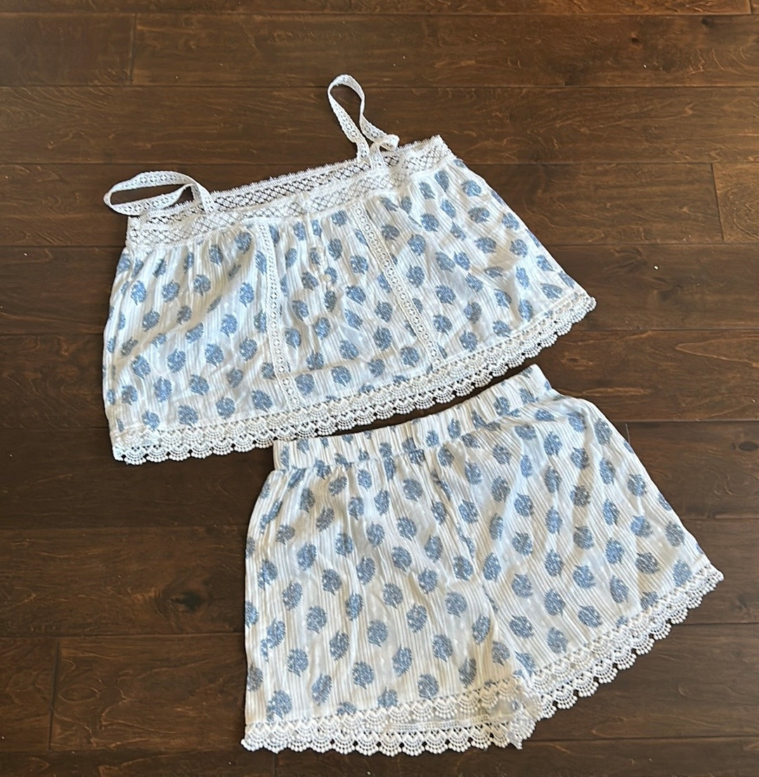 Rachel Zoe Womens 2 Pc Pajama Set Floral Cotton Lace Blue New Top Shorts Sz S
