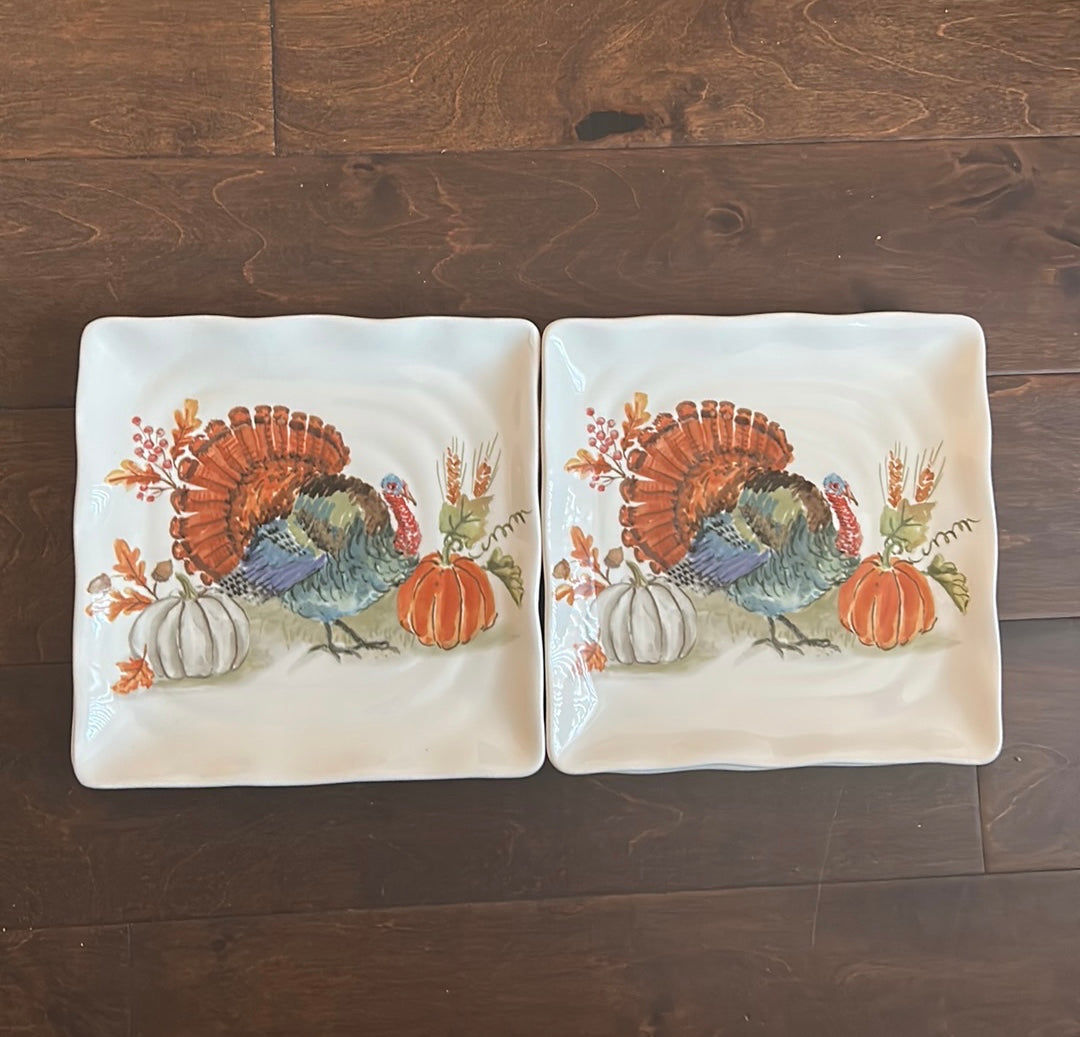 Maxcera Turkey Fall Thanksgiving Set Of  4 Salad Plates Ceramic Square