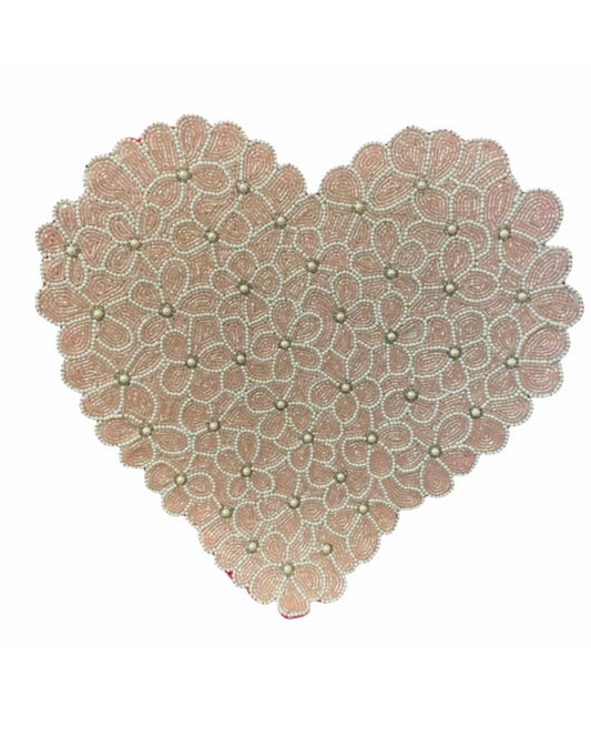 Cupcakes & cashmere Beaded Heart Placemat Floral Valentine Pink White Pearl 15"