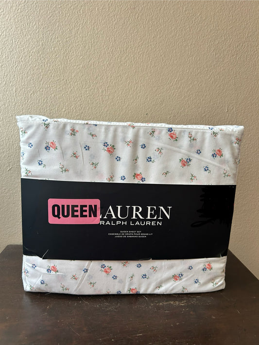 Ralph Lauren floral Roses Blue white Cotton 4 Pc Queen Sheet Set NEW