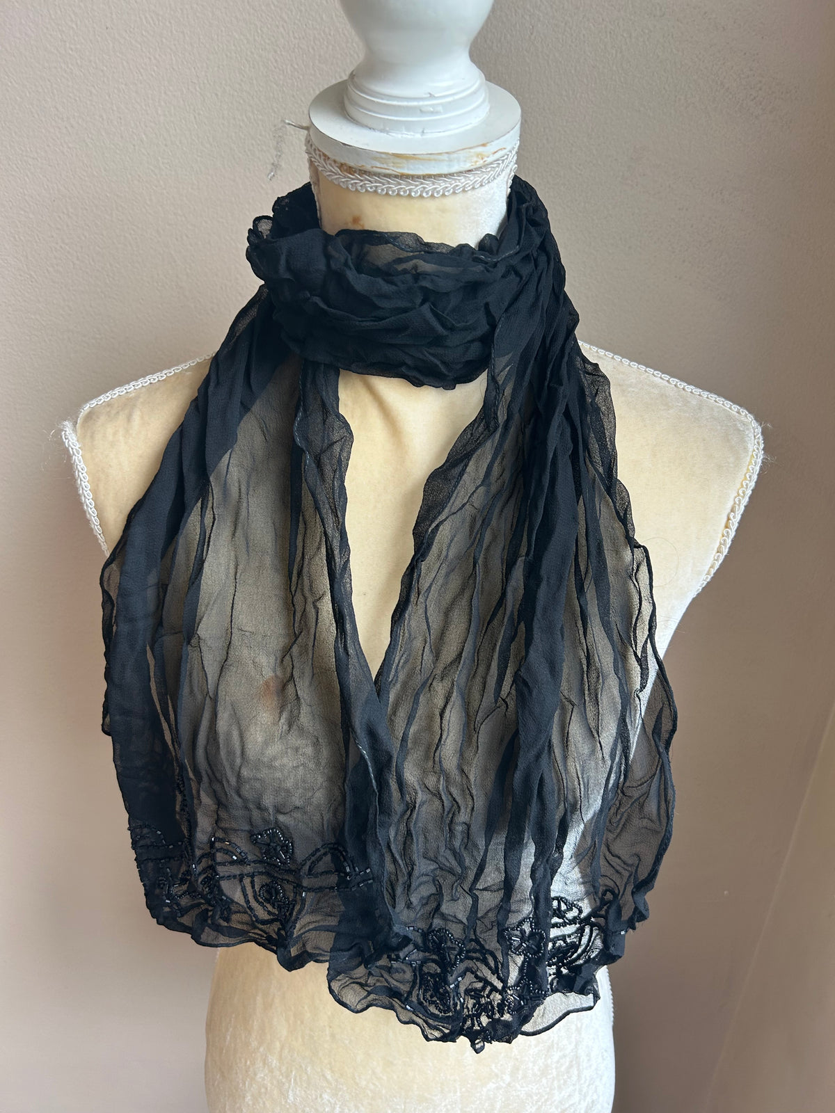 New Womens Black Crinkle Scarf  Beaded 5001-3102