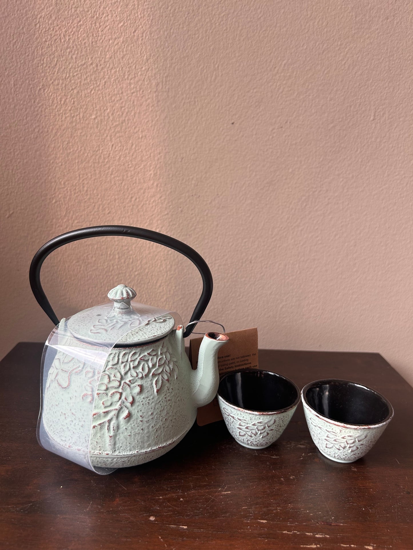 Japanese Cast Iron Teapot Set Green With Stainless Steel Infuse And 2 Cups New
