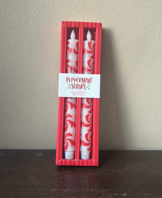 Peppermint Square Set Of 2 Flameless LED Candles 10.8” Peppermint Swirl New