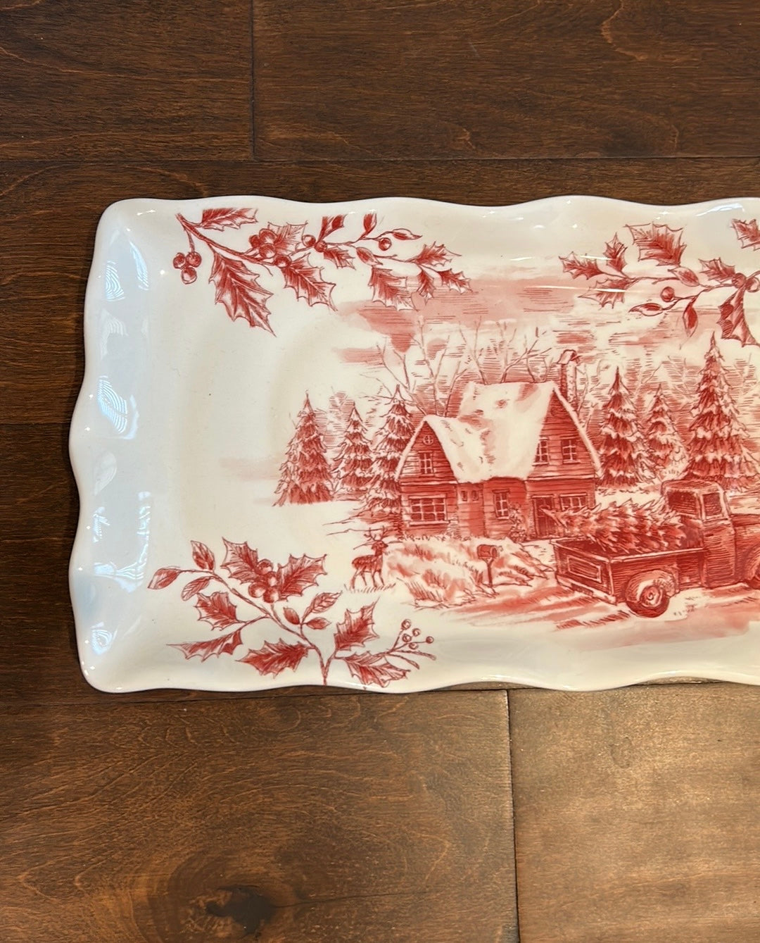 Maxcera vintage style Christmas serving Platter Red Truck Holly Berries Cabin