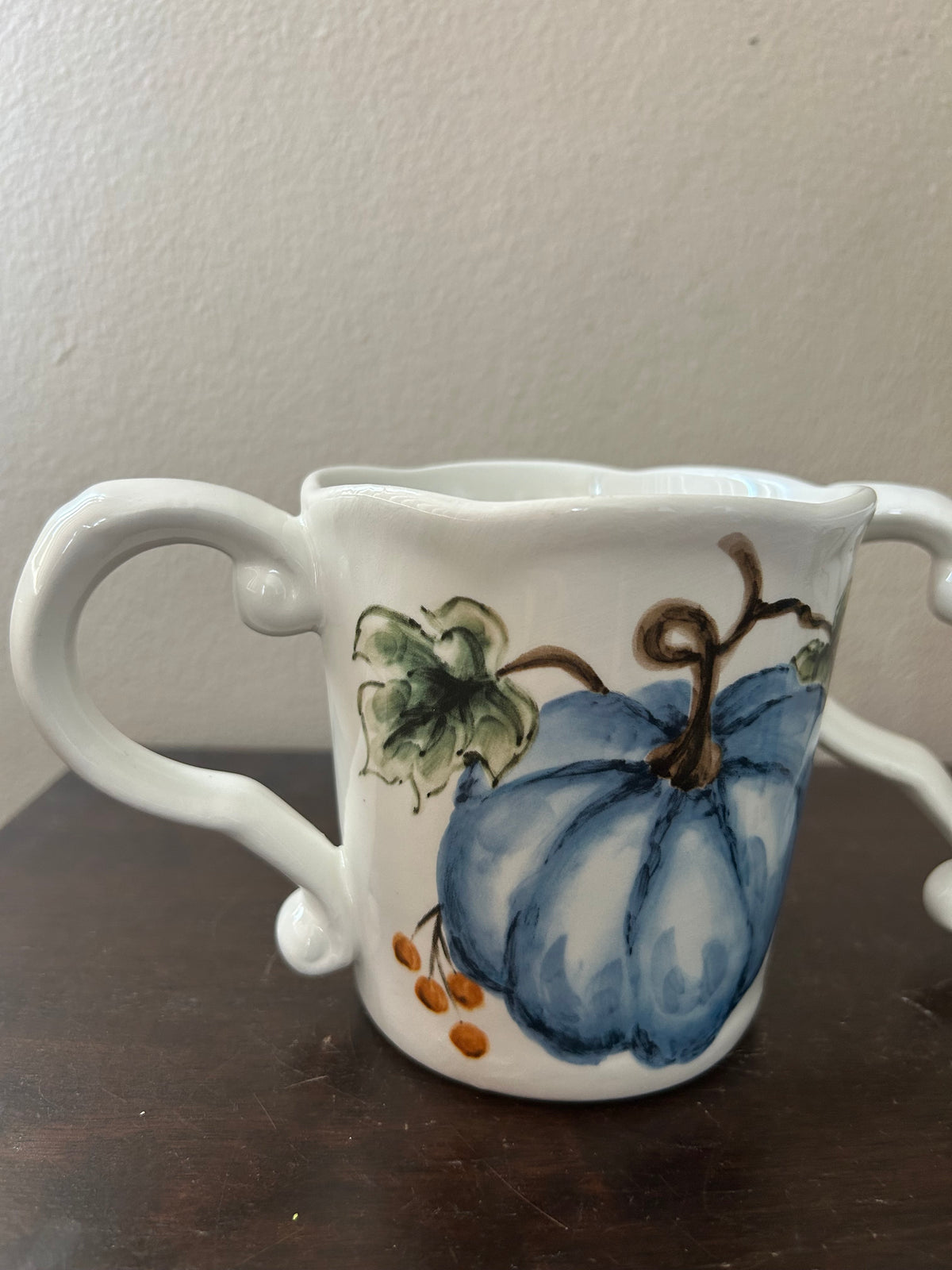 Set Of 2 Pumpkin Fall Coffee Mugs Cups New Thanksgiving Leaves Ceramic Blue