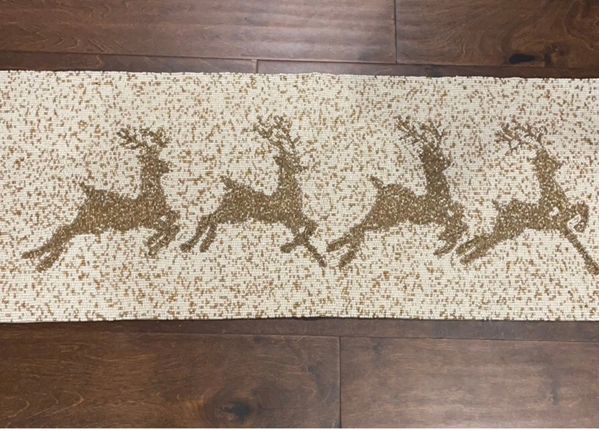 Tahari Christmas Beaded Table Runner Tahari 36 "  long New Gold Reindeer