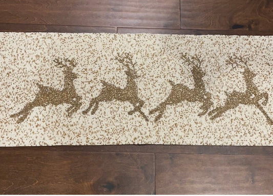 Tahari Christmas Beaded Table Runner Tahari 36 "  long New Gold Reindeer