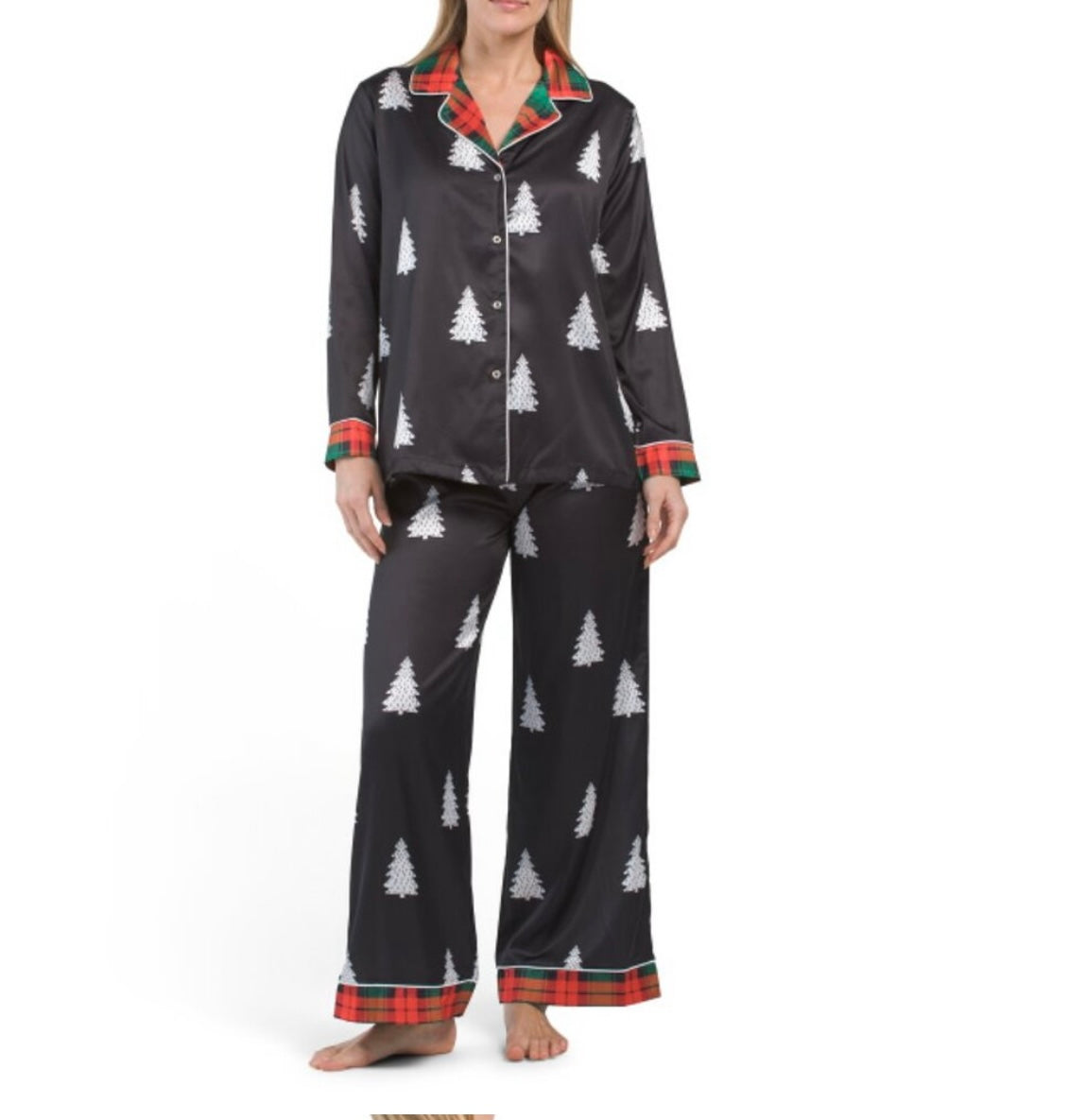 Dalia Macphee Women’s 2 Pc Pajama Set New Christmas Trees Tartan Plaid Trims