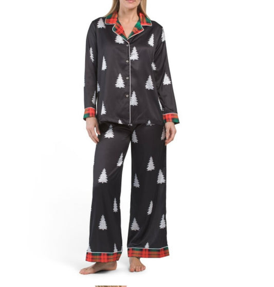 Dalia Macphee Women’s 2 Pc Pajama Set New Christmas Trees Tartan Plaid Trims